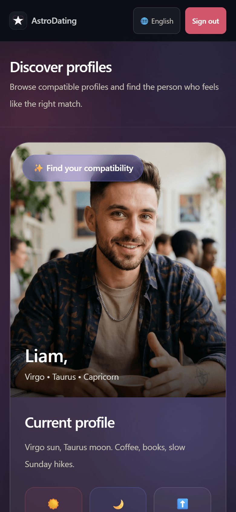 AstroDating Discover screen — Liam, Virgo · Taurus · Capricorn